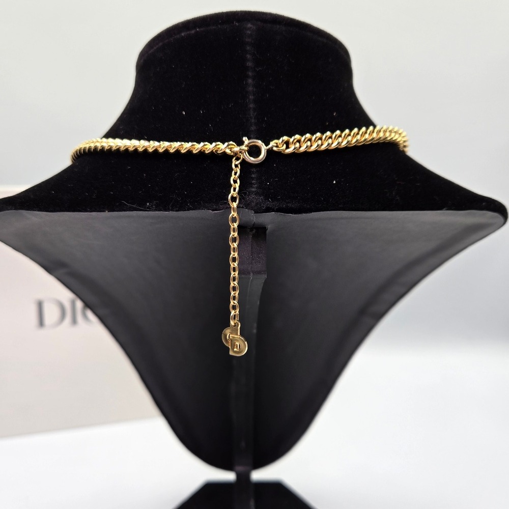 Christian Dior Gold Tone Chain Necklace Crystal Interlocking Oval Links - Picture 6 of 9